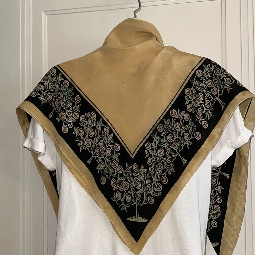 Vtg 50s/60s Cravenette gold,‎ black, green large silk water repellent silk scarf